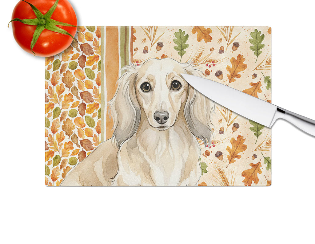 Longhaired Cream Dachshund Heirloom Fall Cutting Board Tempered Glass Kitchen Cutting Surface, Heat Resistant Chopping, Non-Slip Feet, Food Prep & Serving