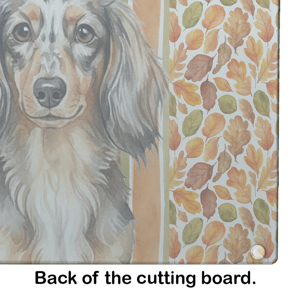 Longhaired Dapple Dachshund Heirloom Fall Cutting Board Tempered Glass Kitchen Cutting Surface, Heat Resistant Chopping, Non-Slip Feet, Food Prep & Serving