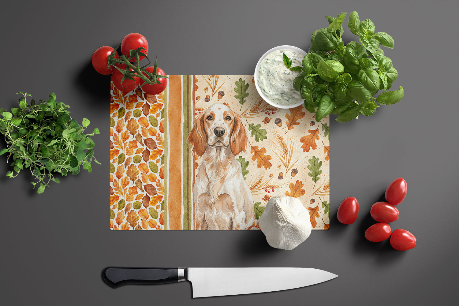 Orange Belton English Setter Heirloom Fall Cutting Board Tempered Glass Kitchen Cutting Surface, Heat Resistant Chopping, Non-Slip Feet, Food Prep & Serving