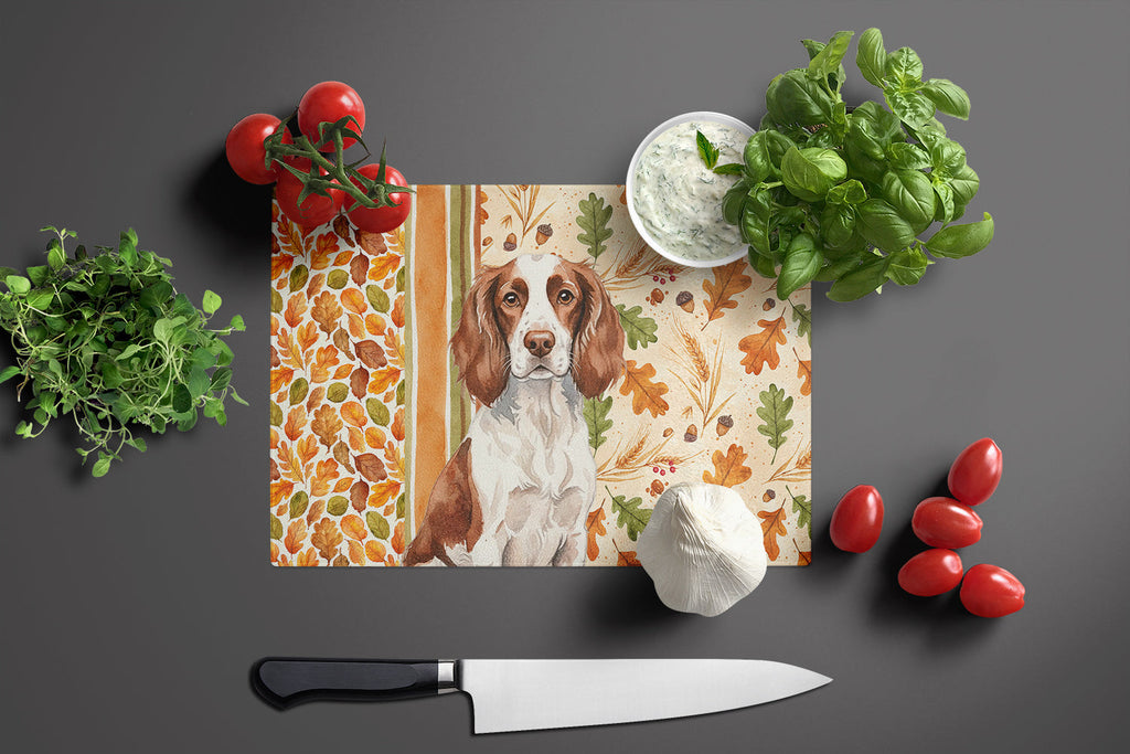 Liver and White English Springer Spaniel Heirloom Fall Cutting Board Tempered Glass Kitchen Cutting Surface, Heat Resistant Chopping, Non-Slip Feet, Food Prep & Serving