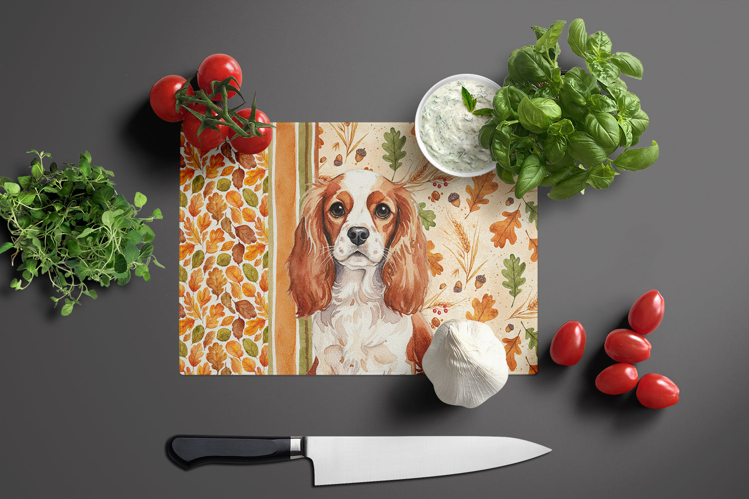 Blenheim English Toy Spaniel Heirloom Fall Cutting Board Tempered Glass Kitchen Cutting Surface, Heat Resistant Chopping, Non-Slip Feet, Food Prep & Serving