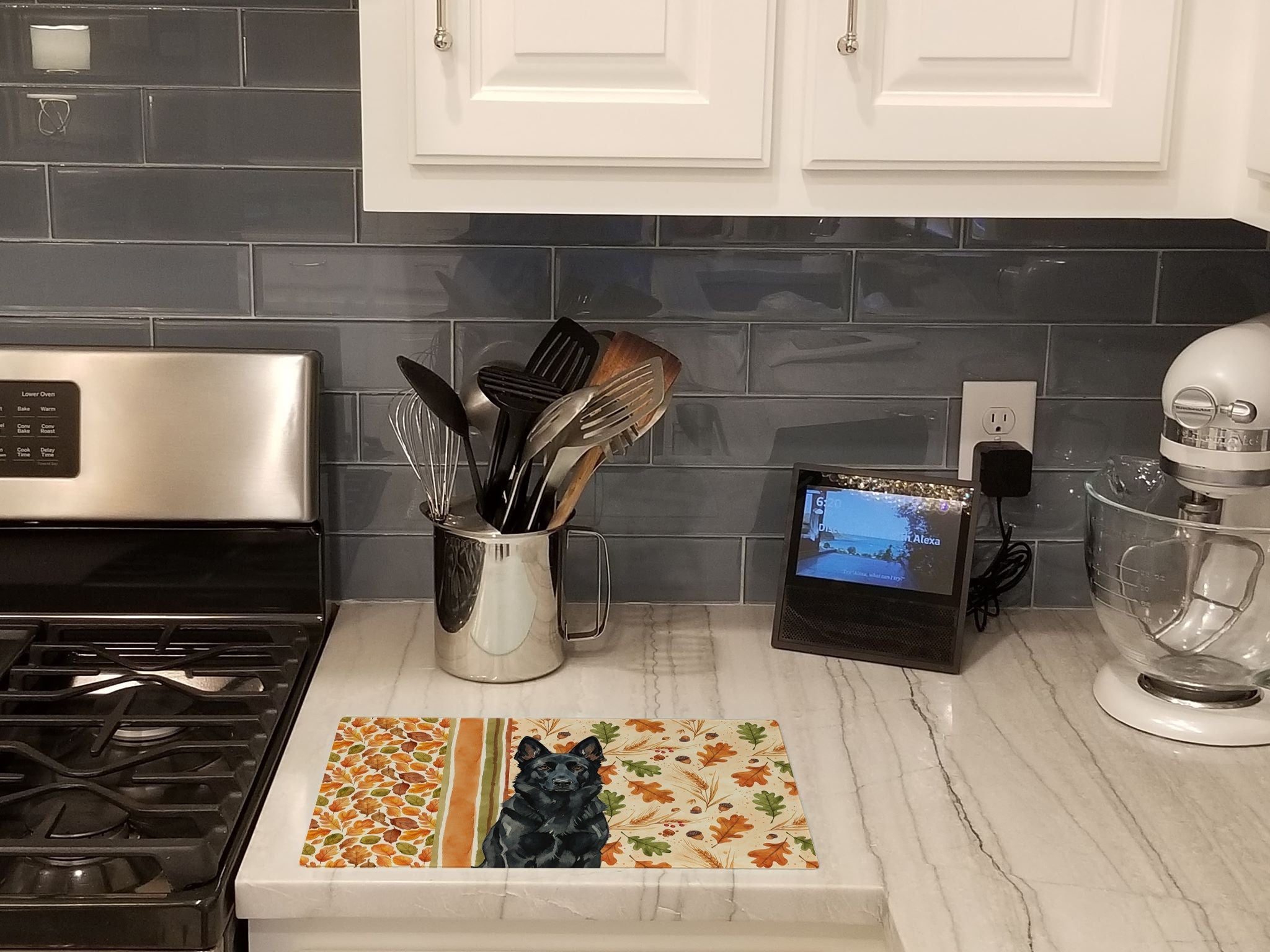 Black German Shepherd Heirloom Fall Cutting Board Tempered Glass Kitchen Cutting Surface, Heat Resistant Chopping, Non-Slip Feet, Food Prep & Serving