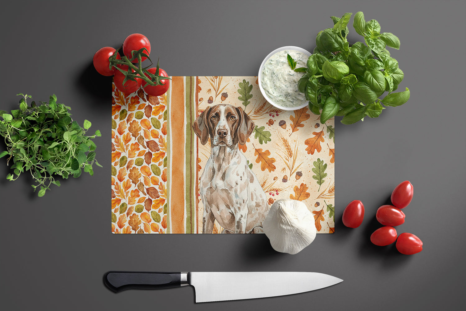 German Shorthaired Pointer Heirloom Fall Cutting Board Tempered Glass Kitchen Cutting Surface, Heat Resistant Chopping, Non-Slip Feet, Food Prep & Serving