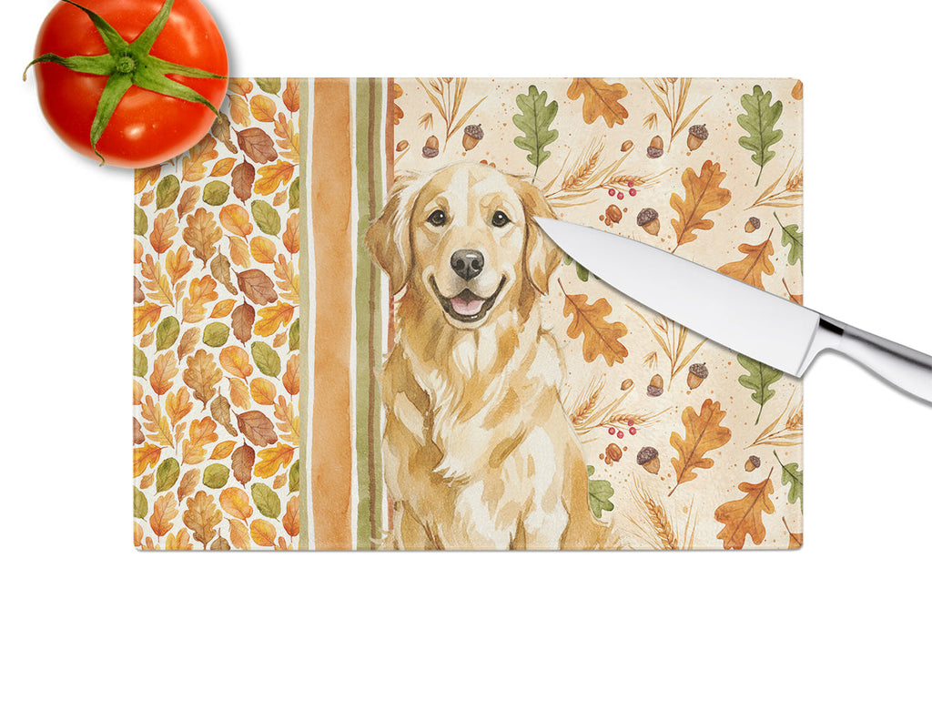 Golden Retriever Heirloom Fall Cutting Board Tempered Glass Kitchen Cutting Surface, Heat Resistant Chopping, Non-Slip Feet, Food Prep & Serving