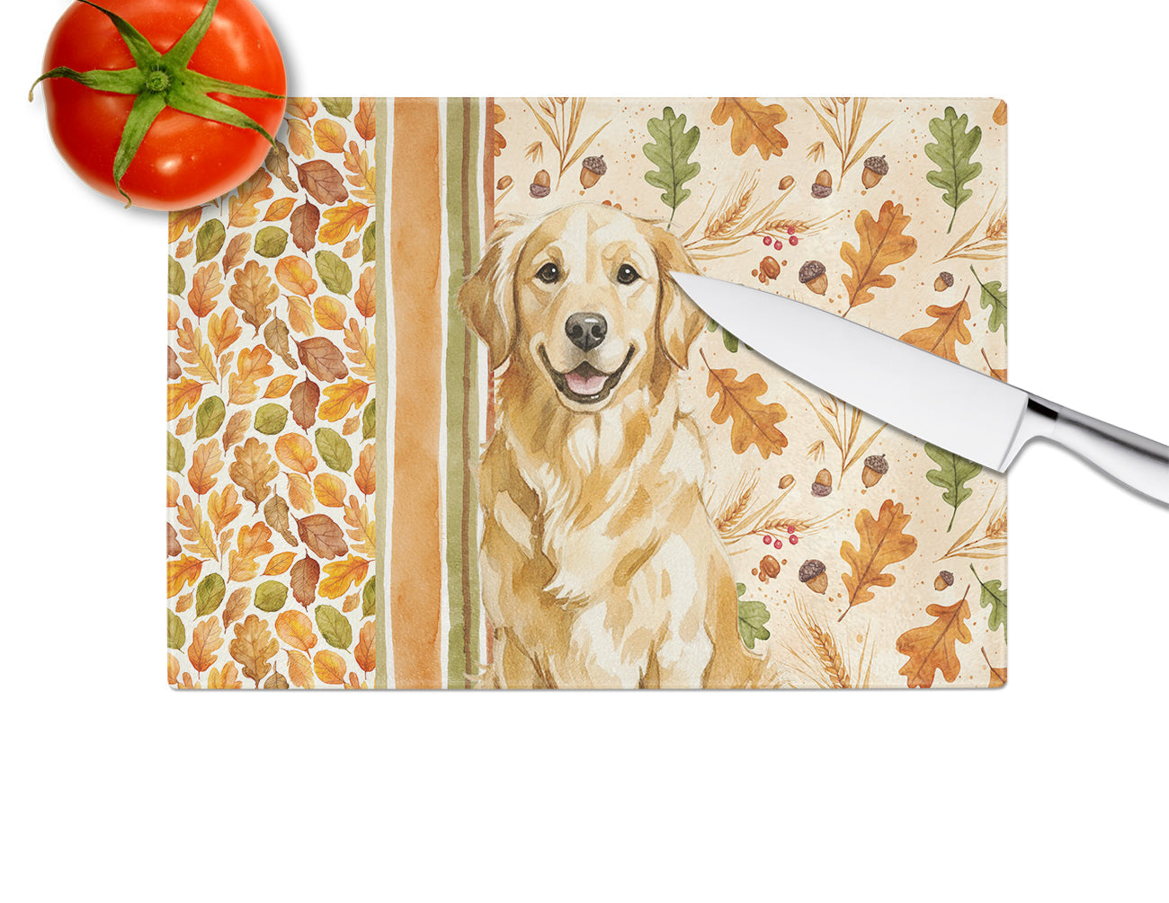 Golden Retriever Heirloom Fall Cutting Board Tempered Glass Kitchen Cutting Surface, Heat Resistant Chopping, Non-Slip Feet, Food Prep & Serving
