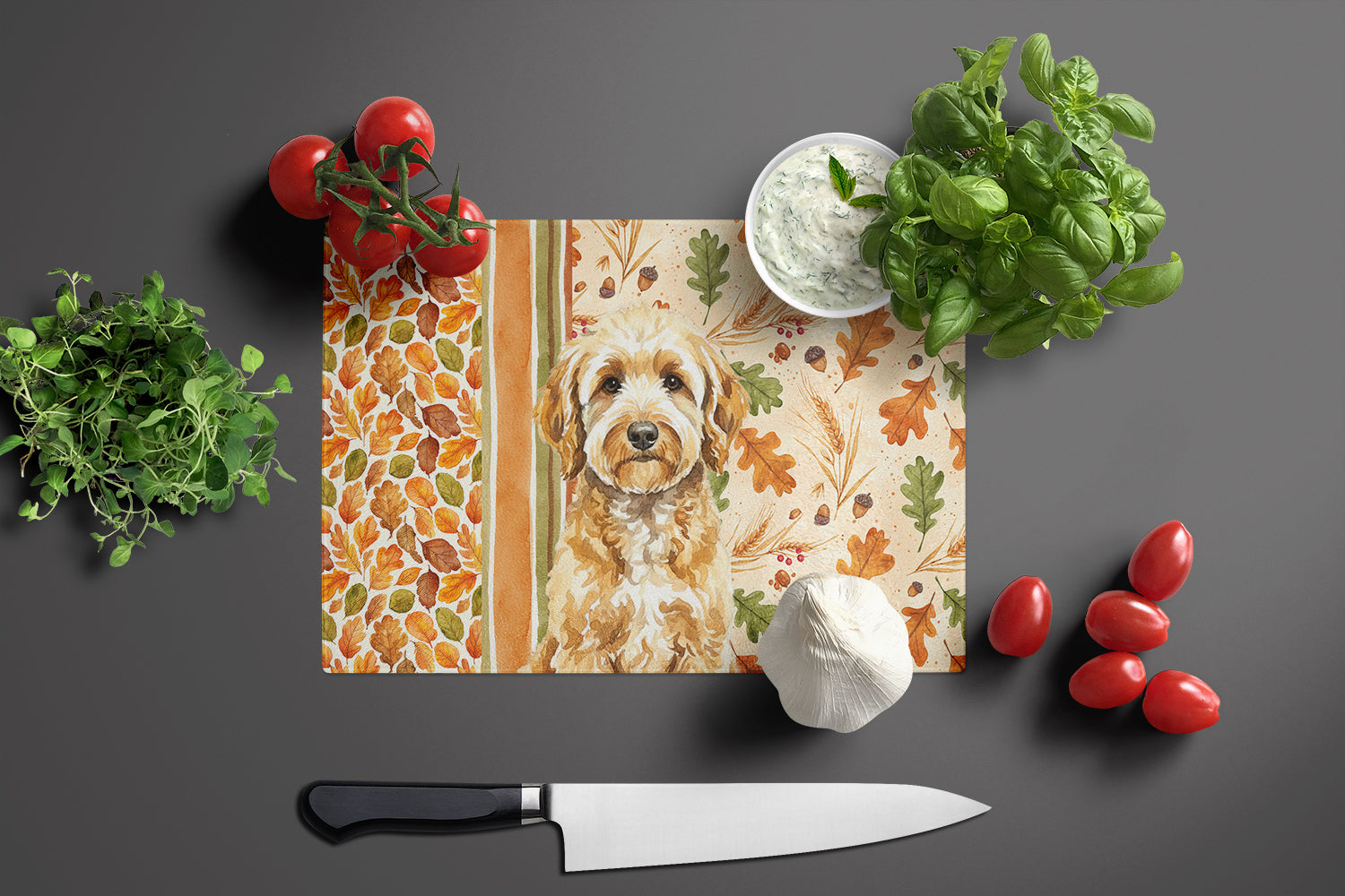 Goldendoodle Heirloom Fall Cutting Board Tempered Glass Kitchen Cutting Surface, Heat Resistant Chopping, Non-Slip Feet, Food Prep & Serving