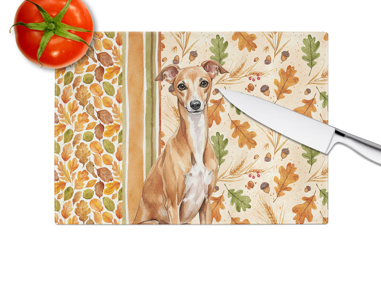 Red Italian Greyhound Heirloom Fall Cutting Board Tempered Glass Kitchen Cutting Surface, Heat Resistant Chopping, Non-Slip Feet, Food Prep & Serving