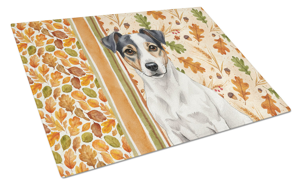 White and Black Jack Russell Terrier Heirloom Fall Cutting Board Tempered Glass Kitchen Cutting Surface, Heat Resistant Chopping, Non-Slip Feet, Food Prep & Serving