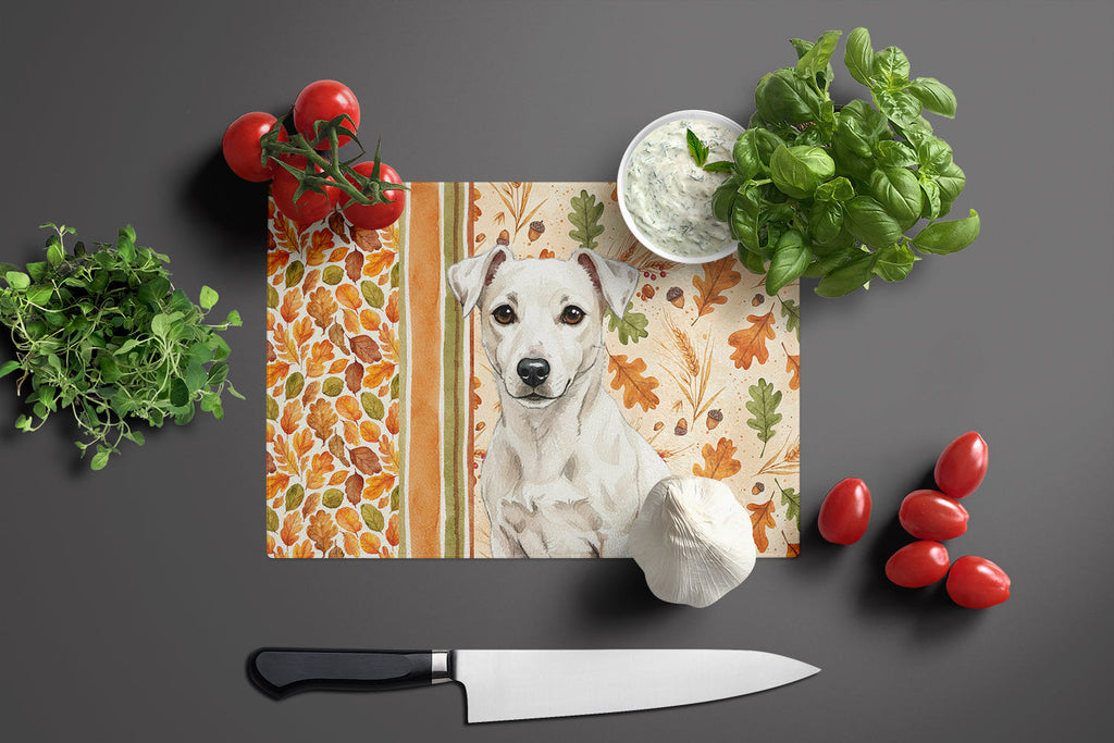 White Jack Russell Terrier Heirloom Fall Cutting Board Tempered Glass Kitchen Cutting Surface, Heat Resistant Chopping, Non-Slip Feet, Food Prep & Serving