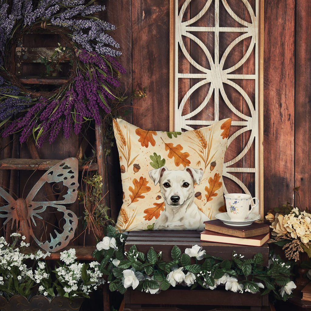White Jack Russell Terrier Heirloom Fall Decorative Throw Pillow 14x14 Indoor Outdoor Accent Cushion, Fabric Cover with Insert for Sofa, Bed, Porch & Living Room