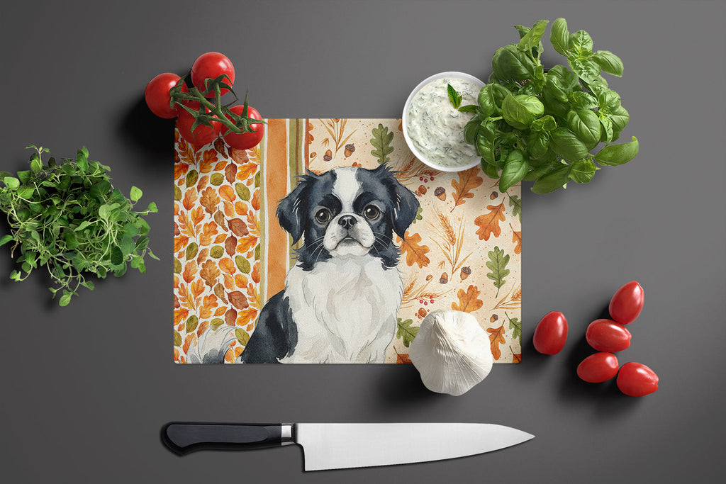 Black and White Japanese Chin Heirloom Fall Cutting Board Tempered Glass Kitchen Cutting Surface, Heat Resistant Chopping, Non-Slip Feet, Food Prep & Serving