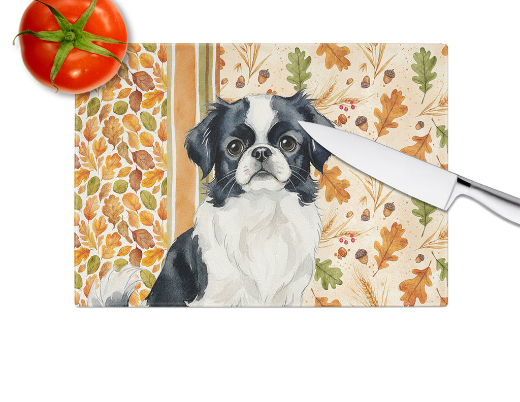 Black and White Japanese Chin Heirloom Fall Cutting Board Tempered Glass Kitchen Cutting Surface, Heat Resistant Chopping, Non-Slip Feet, Food Prep & Serving
