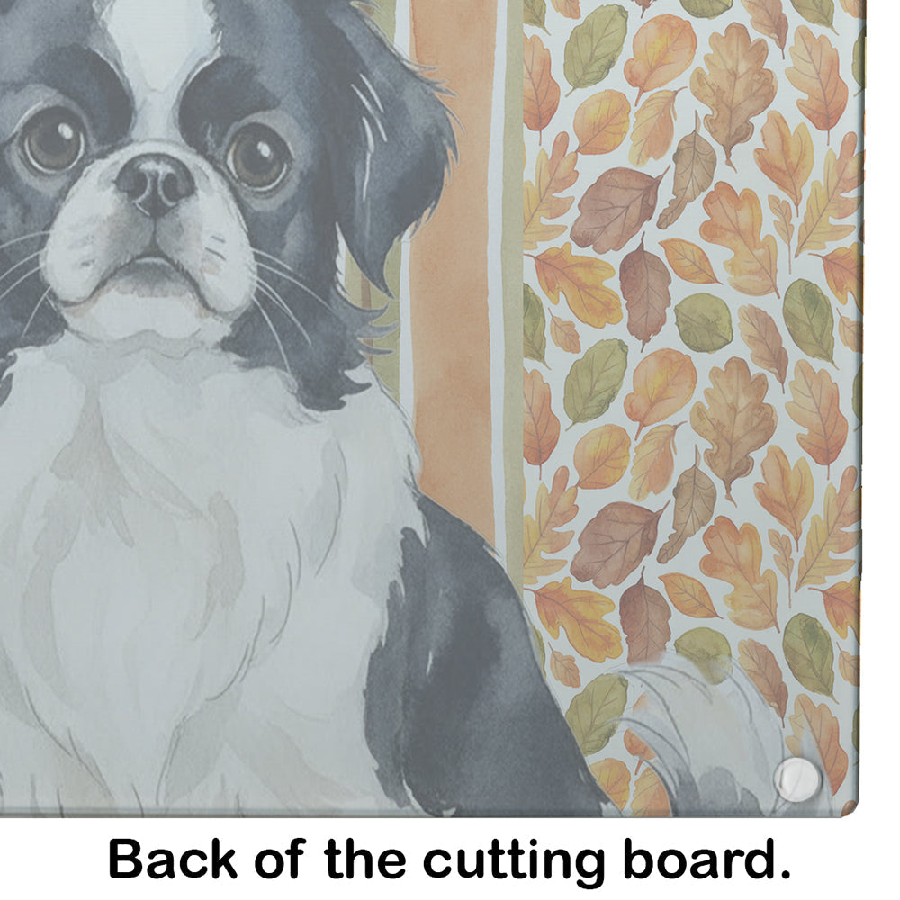 Black and White Japanese Chin Heirloom Fall Cutting Board Tempered Glass Kitchen Cutting Surface, Heat Resistant Chopping, Non-Slip Feet, Food Prep & Serving