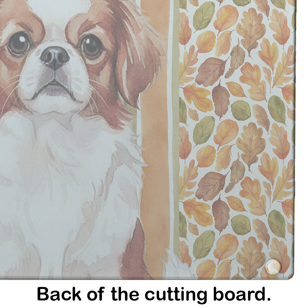 Red and White Japanese Chin Heirloom Fall Cutting Board Tempered Glass Kitchen Cutting Surface, Heat Resistant Chopping, Non-Slip Feet, Food Prep & Serving