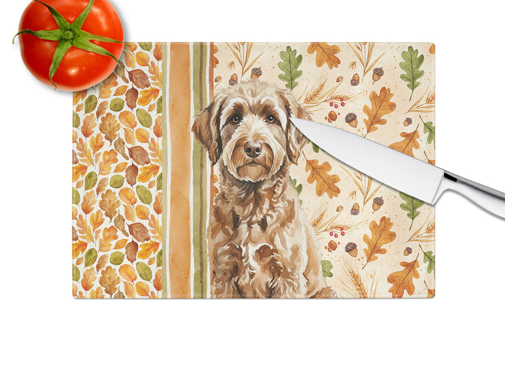 Chocolate Labradoodle Heirloom Fall Cutting Board Tempered Glass Kitchen Cutting Surface, Heat Resistant Chopping, Non-Slip Feet, Food Prep & Serving