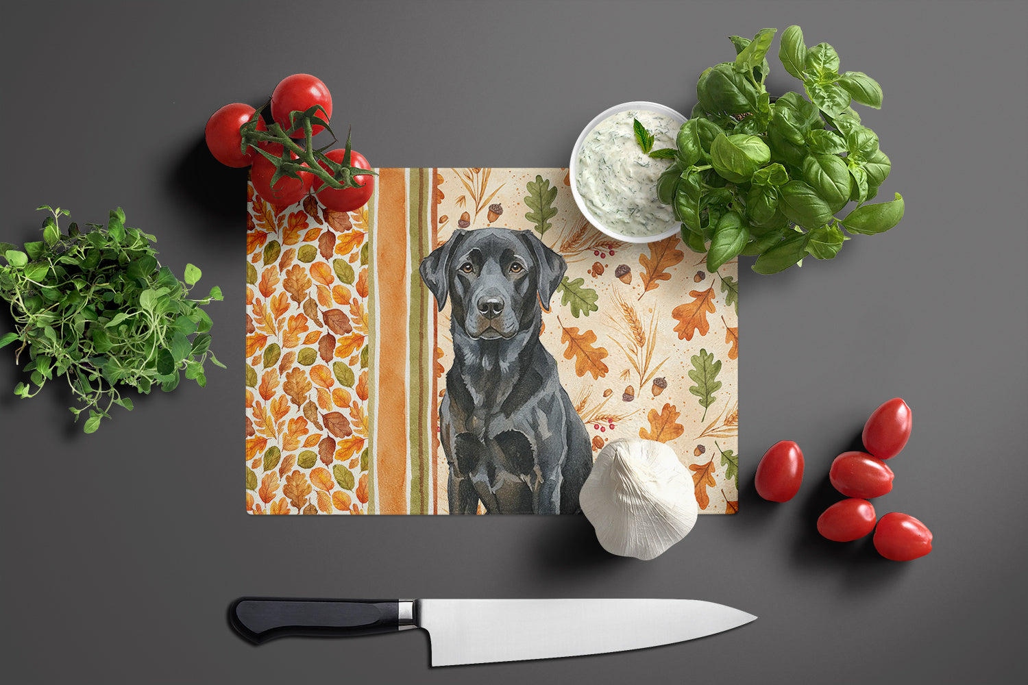 Black Labrador Retriever Heirloom Fall Cutting Board Tempered Glass Kitchen Cutting Surface, Heat Resistant Chopping, Non-Slip Feet, Food Prep & Serving