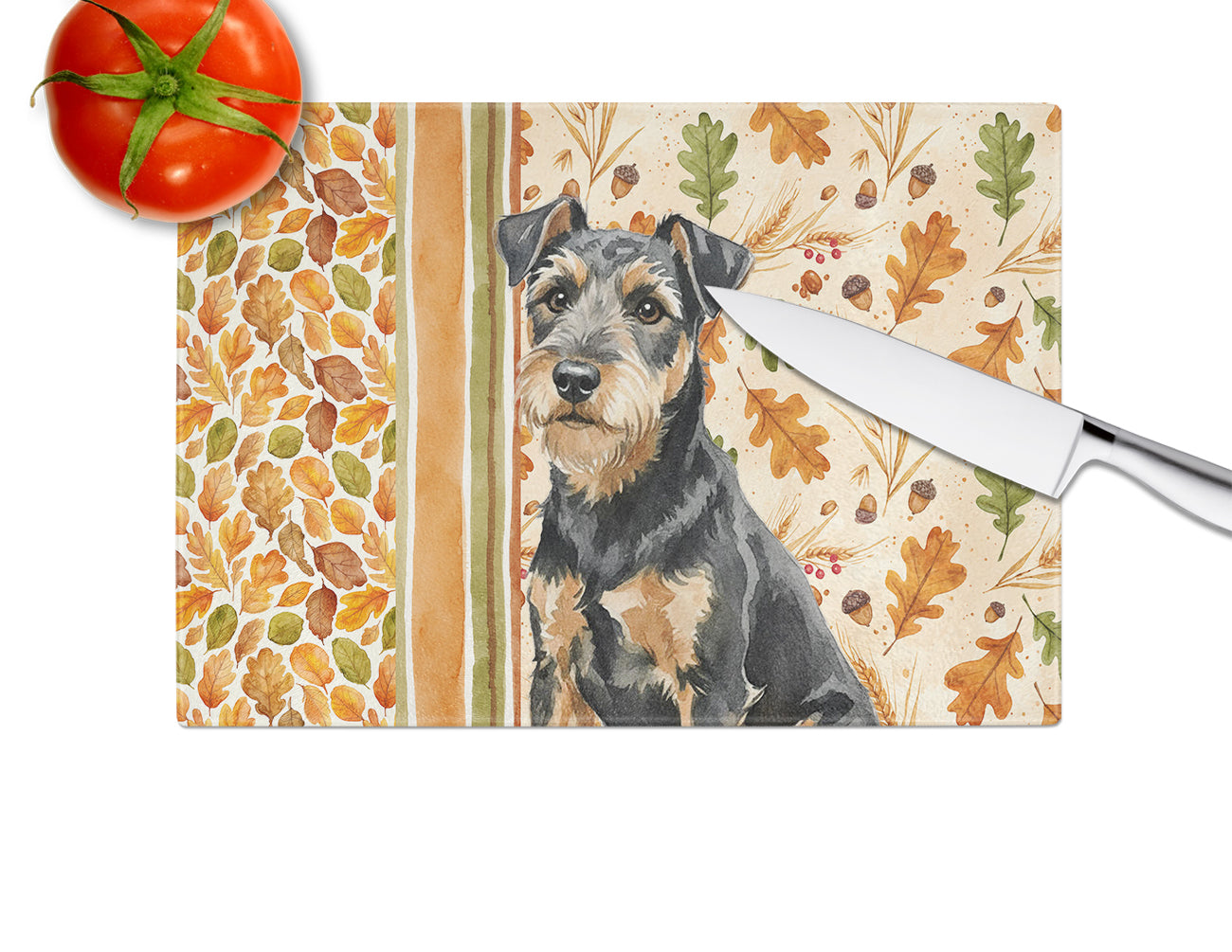 Black and Tan Lakeland Terrier Heirloom Fall Cutting Board Tempered Glass Kitchen Cutting Surface, Heat Resistant Chopping, Non-Slip Feet, Food Prep & Serving