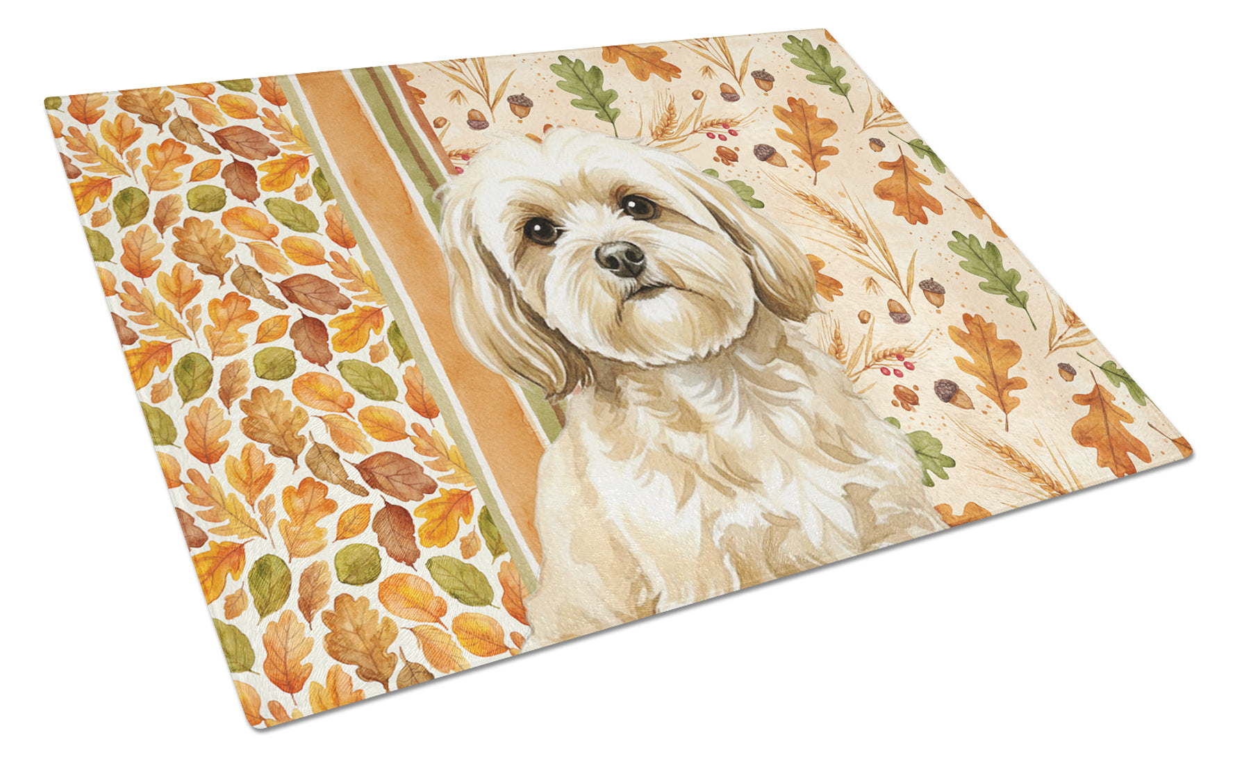 Cream Lhasa Apso Heirloom Fall Cutting Board Tempered Glass Kitchen Cutting Surface, Heat Resistant Chopping, Non-Slip Feet, Food Prep & Serving