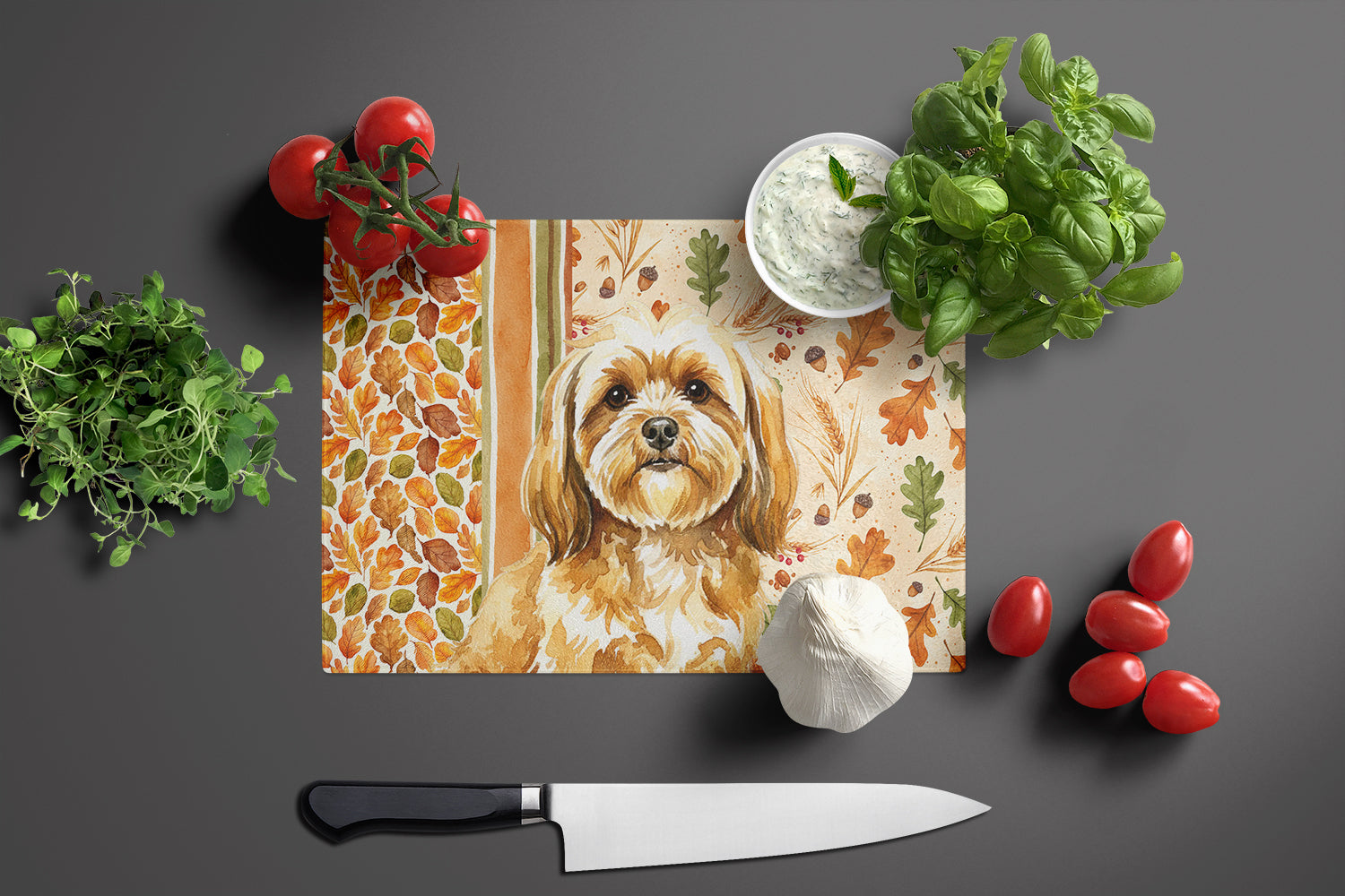 Gold Lhasa Apso Heirloom Fall Cutting Board Tempered Glass Kitchen Cutting Surface, Heat Resistant Chopping, Non-Slip Feet, Food Prep & Serving