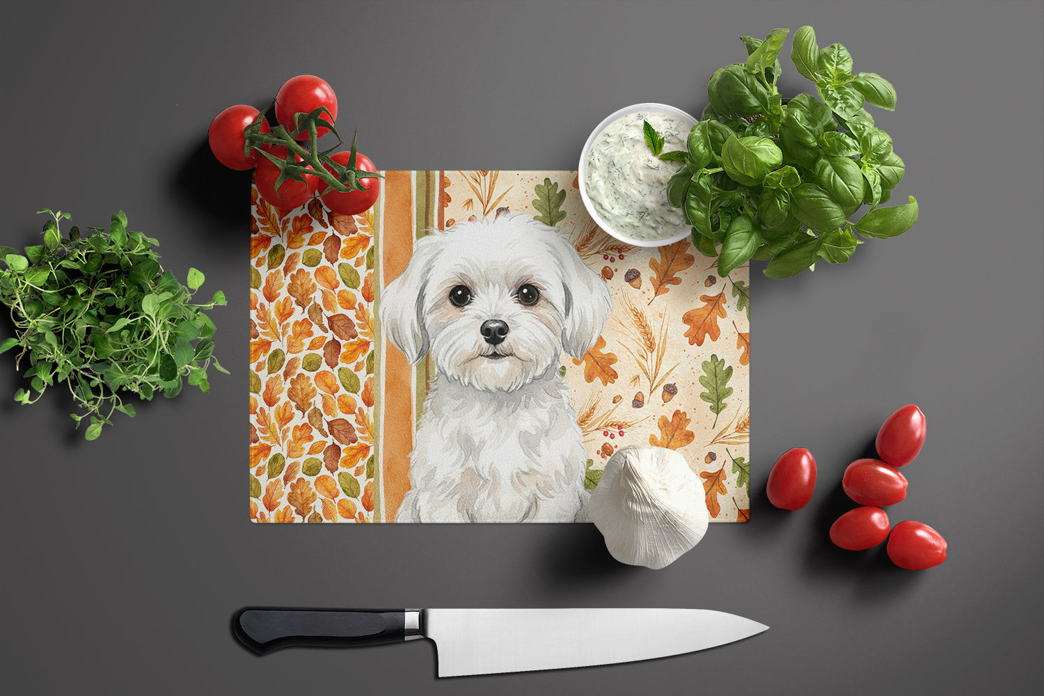 Maltese Heirloom Fall Cutting Board Tempered Glass Kitchen Cutting Surface, Heat Resistant Chopping, Non-Slip Feet, Food Prep & Serving