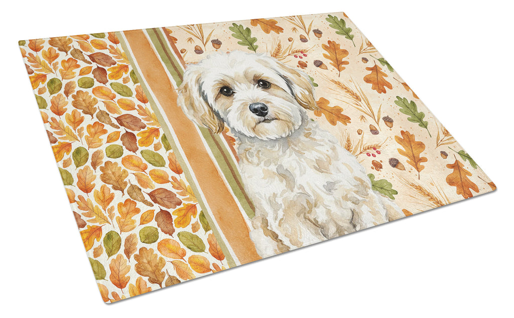 Maltipoo Heirloom Fall Cutting Board Tempered Glass Kitchen Cutting Surface, Heat Resistant Chopping, Non-Slip Feet, Food Prep & Serving