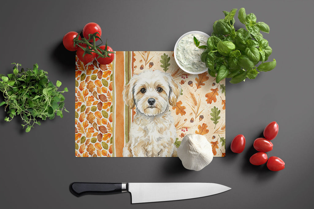 Maltipoo Heirloom Fall Cutting Board Tempered Glass Kitchen Cutting Surface, Heat Resistant Chopping, Non-Slip Feet, Food Prep & Serving