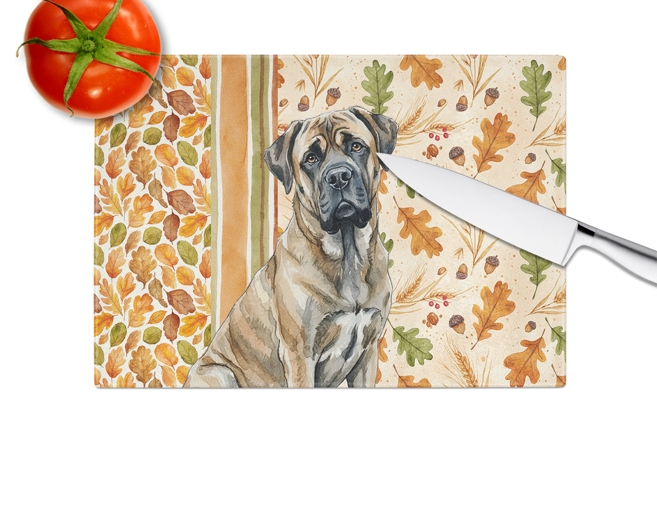 Brindle Mastiff Heirloom Fall Cutting Board Tempered Glass Kitchen Cutting Surface, Heat Resistant Chopping, Non-Slip Feet, Food Prep & Serving