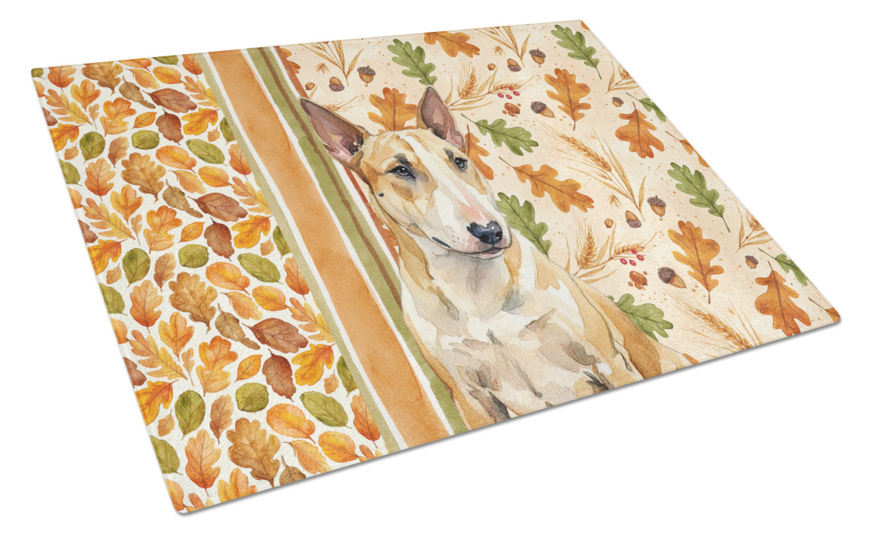 Miniature Bull Terrier Heirloom Fall Cutting Board Tempered Glass Kitchen Cutting Surface, Heat Resistant Chopping, Non-Slip Feet, Food Prep & Serving