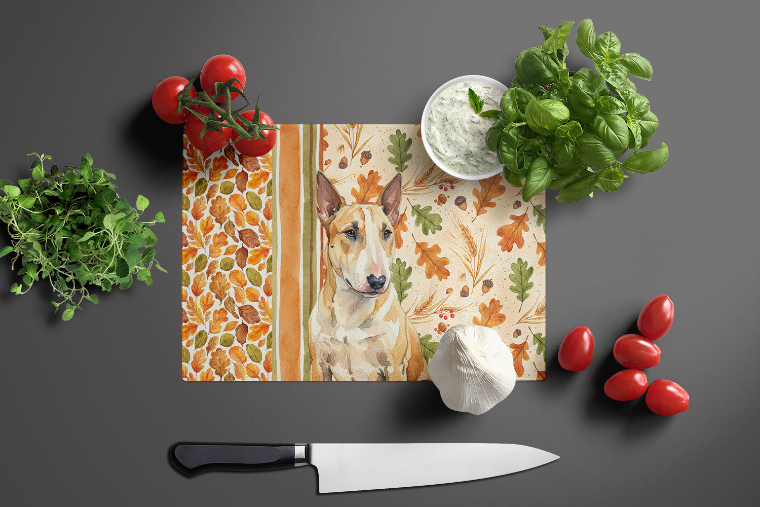 Miniature Bull Terrier Heirloom Fall Cutting Board Tempered Glass Kitchen Cutting Surface, Heat Resistant Chopping, Non-Slip Feet, Food Prep & Serving