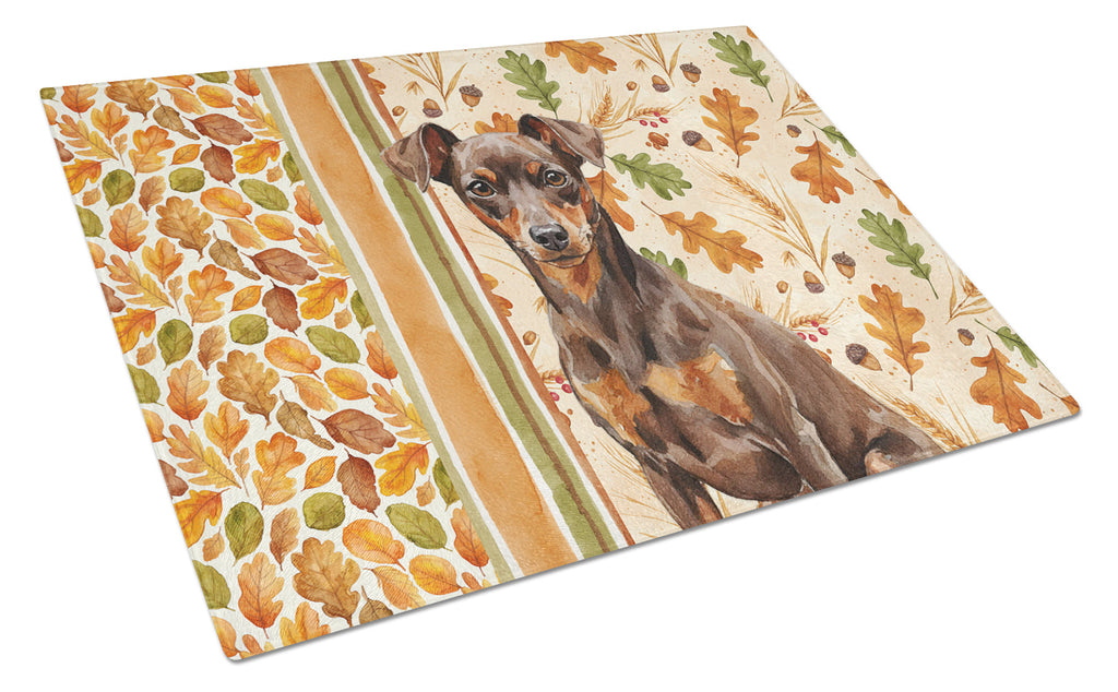Chocolate and Rust Miniature Pinscher Min Pin Heirloom Fall Cutting Board Tempered Glass Kitchen Cutting Surface, Heat Resistant Chopping, Non-Slip Feet, Food Prep & Serving