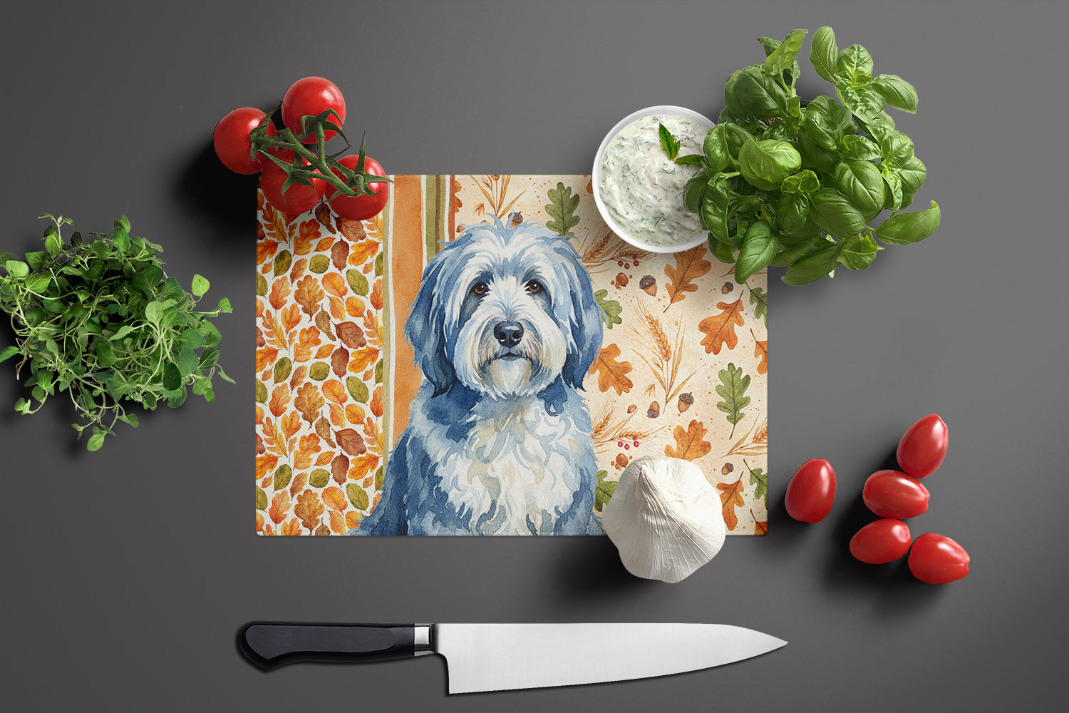 Blue and White Old English Sheepdog Heirloom Fall Cutting Board Tempered Glass Kitchen Cutting Surface, Heat Resistant Chopping, Non-Slip Feet, Food Prep & Serving