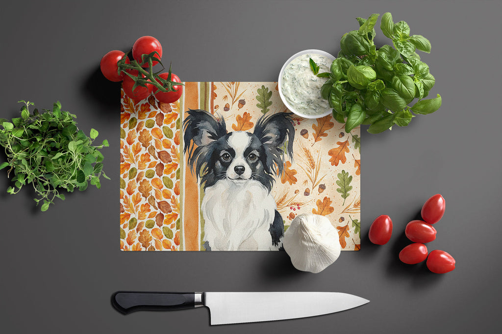 Black and White Papillon Heirloom Fall Cutting Board Tempered Glass Kitchen Cutting Surface, Heat Resistant Chopping, Non-Slip Feet, Food Prep & Serving
