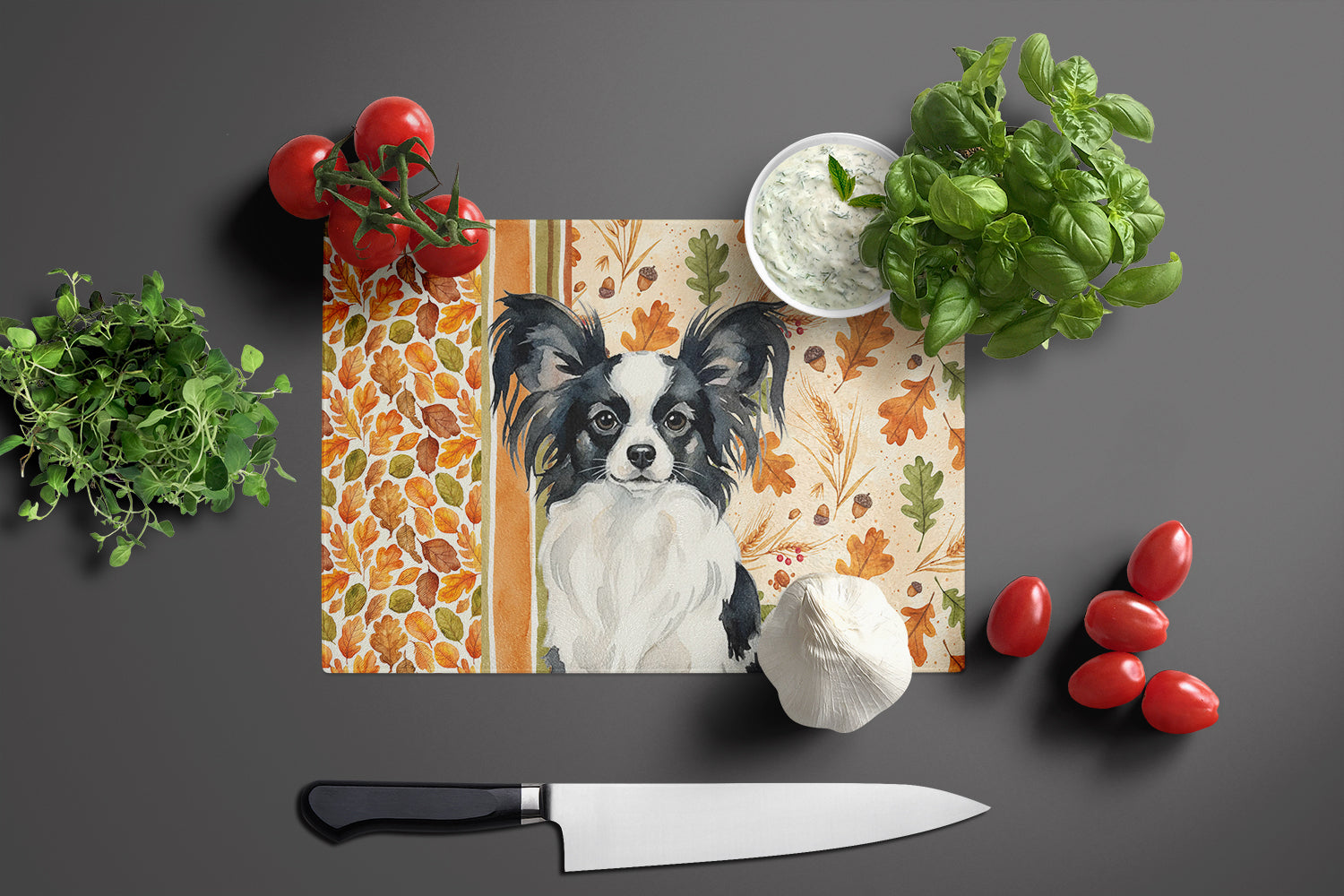 Black and White Papillon Heirloom Fall Cutting Board Tempered Glass Kitchen Cutting Surface, Heat Resistant Chopping, Non-Slip Feet, Food Prep & Serving