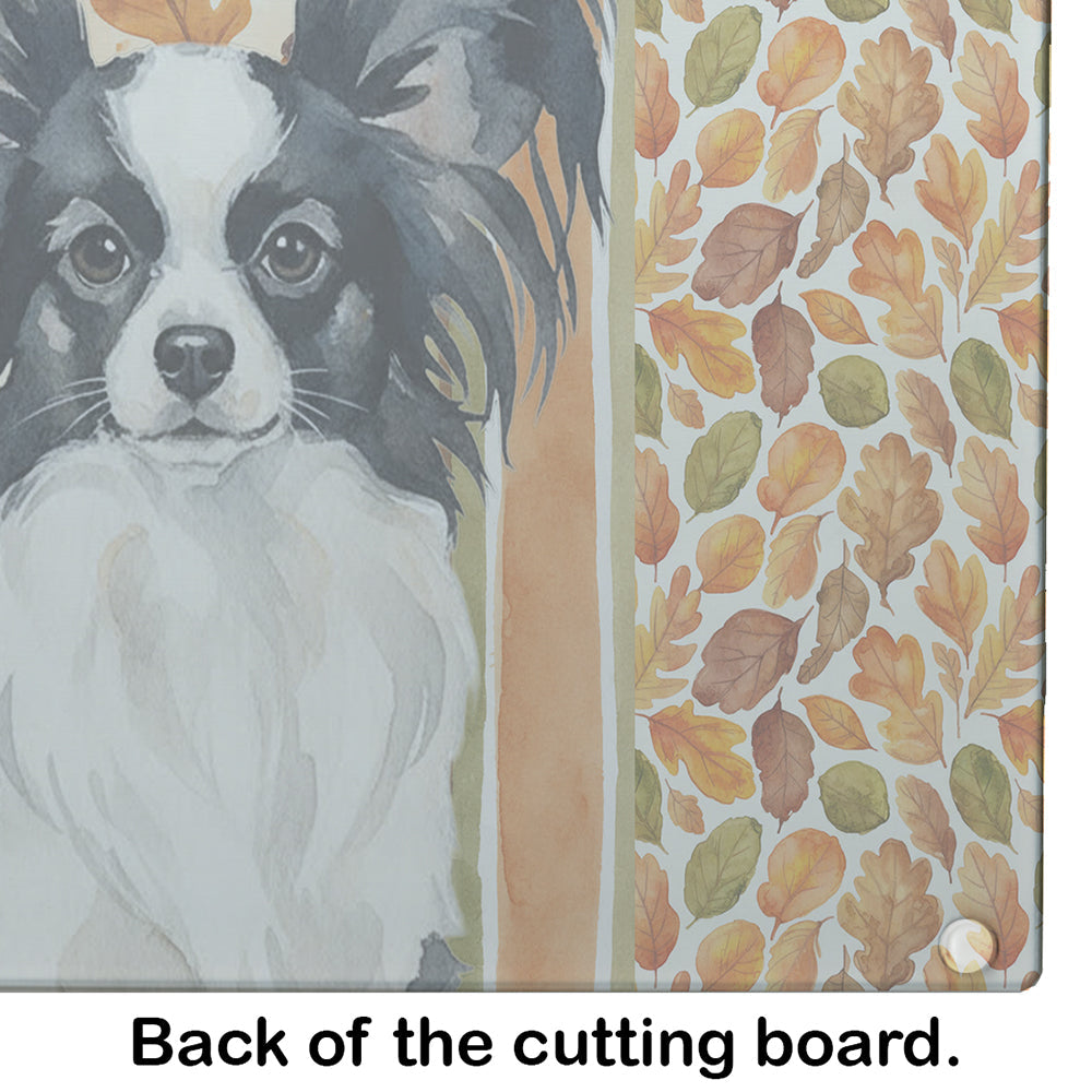 Black and White Papillon Heirloom Fall Cutting Board Tempered Glass Kitchen Cutting Surface, Heat Resistant Chopping, Non-Slip Feet, Food Prep & Serving
