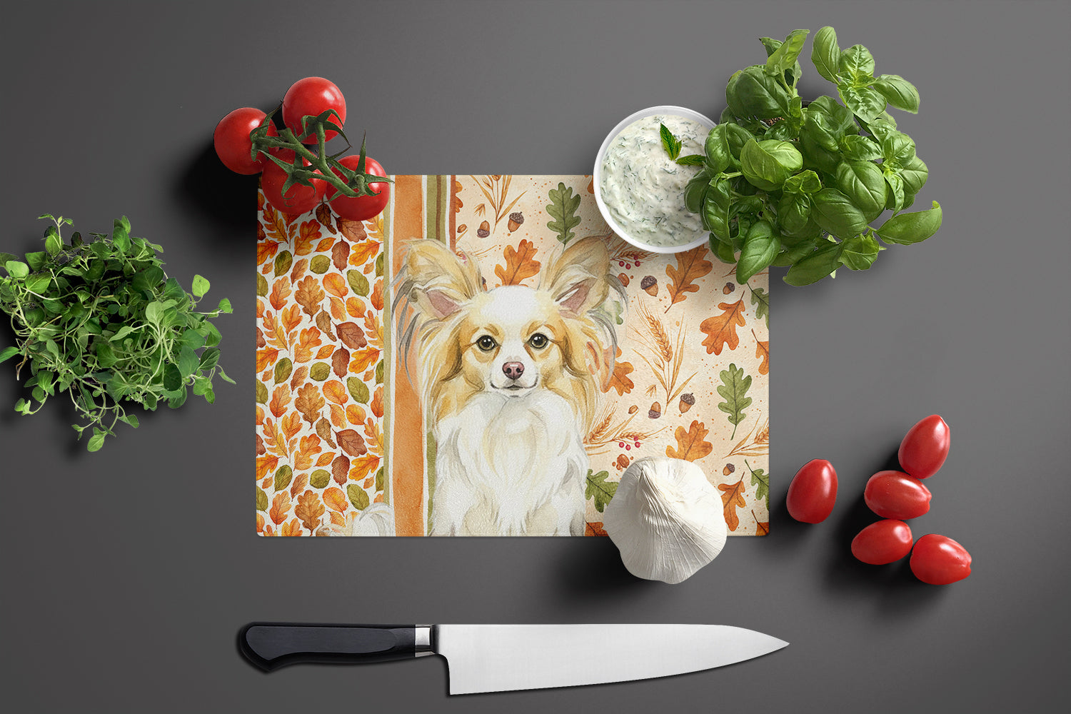 Lemon and White Papillon Heirloom Fall Cutting Board Tempered Glass Kitchen Cutting Surface, Heat Resistant Chopping, Non-Slip Feet, Food Prep & Serving