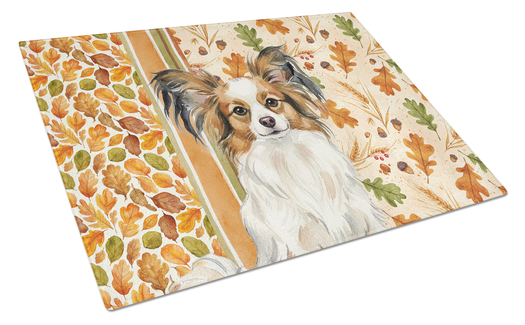 White with Sable Papillon Heirloom Fall Cutting Board Tempered Glass Kitchen Cutting Surface, Heat Resistant Chopping, Non-Slip Feet, Food Prep & Serving