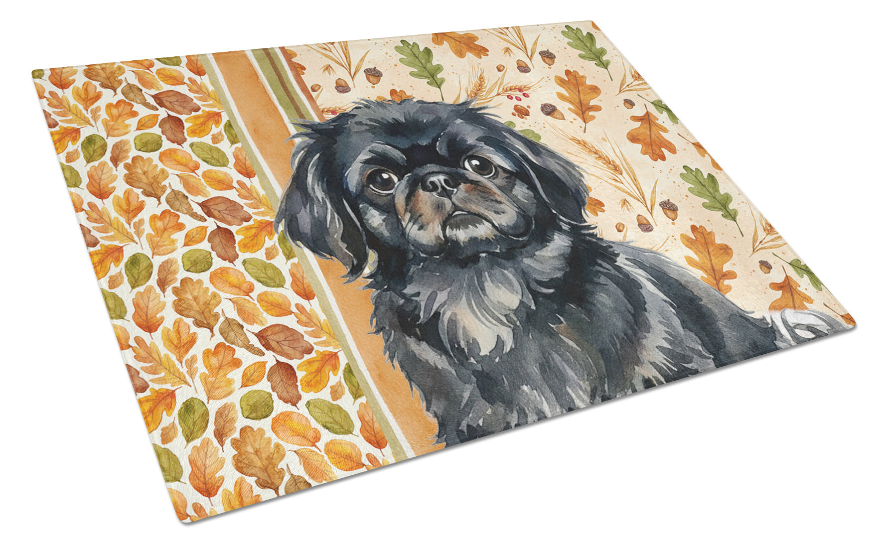Black Pekingese Heirloom Fall Cutting Board Tempered Glass Kitchen Cutting Surface, Heat Resistant Chopping, Non-Slip Feet, Food Prep & Serving
