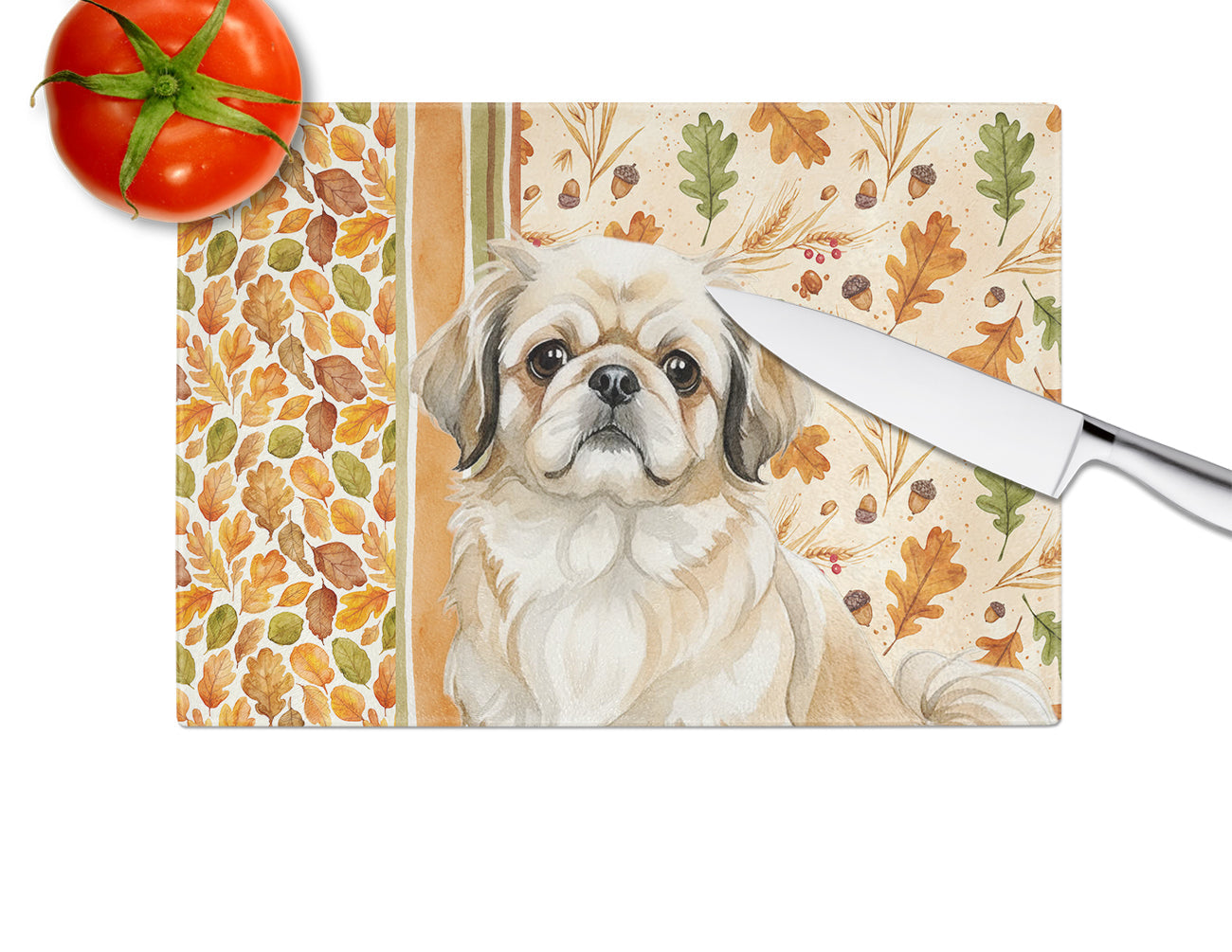 Fawn Pekingese Heirloom Fall Cutting Board Tempered Glass Kitchen Cutting Surface, Heat Resistant Chopping, Non-Slip Feet, Food Prep & Serving