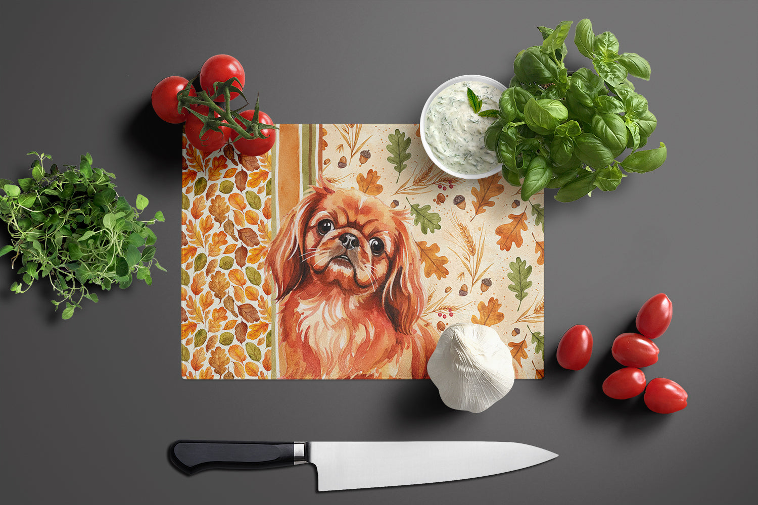 Red Pekingese Heirloom Fall Cutting Board Tempered Glass Kitchen Cutting Surface, Heat Resistant Chopping, Non-Slip Feet, Food Prep & Serving