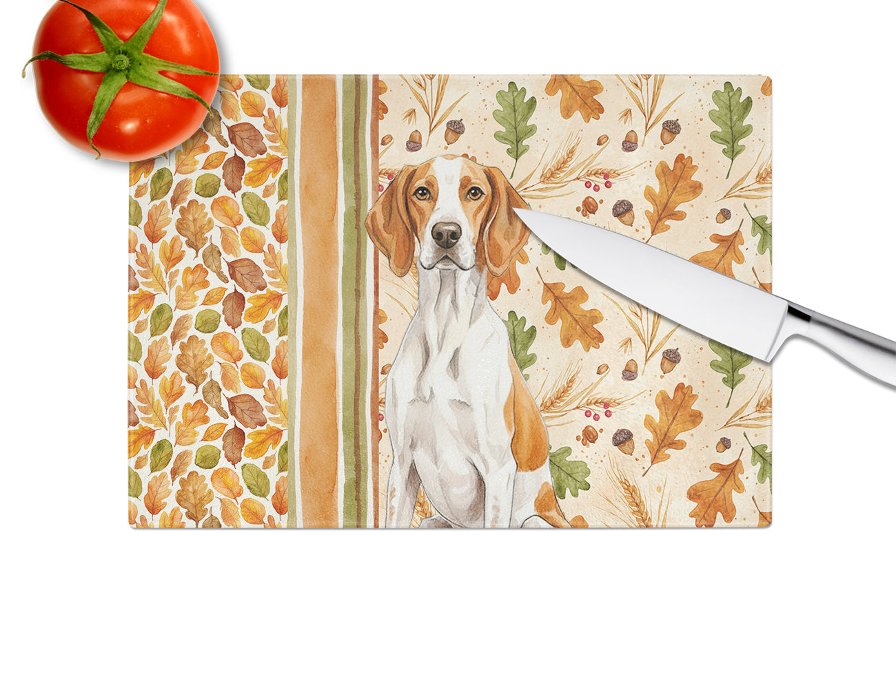 Orange and White Pointer Heirloom Fall Cutting Board Tempered Glass Kitchen Cutting Surface, Heat Resistant Chopping, Non-Slip Feet, Food Prep & Serving