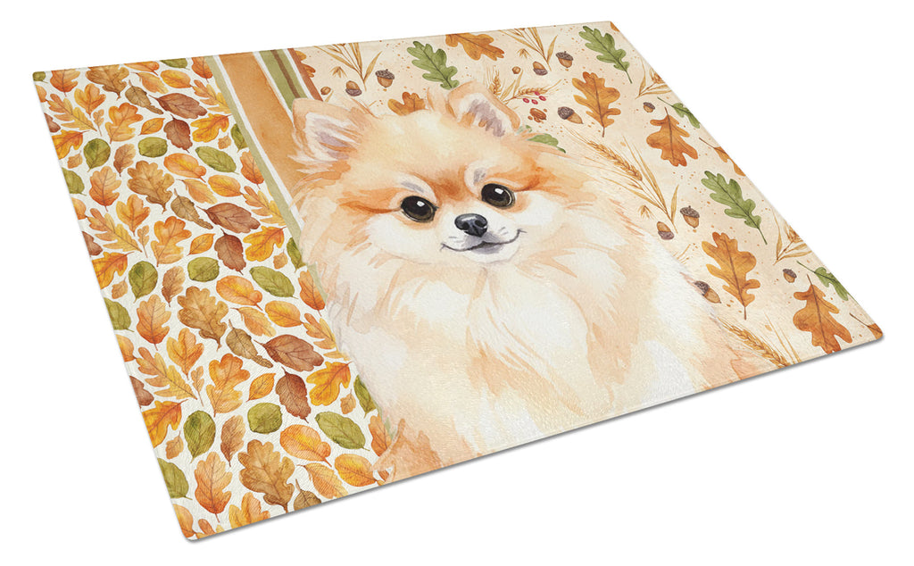 Pomeranian Heirloom Fall Cutting Board Tempered Glass Kitchen Cutting Surface, Heat Resistant Chopping, Non-Slip Feet, Food Prep & Serving