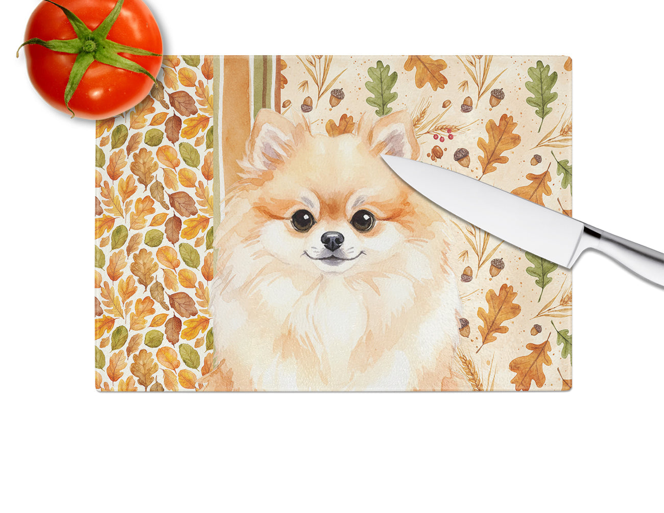 Pomeranian Heirloom Fall Cutting Board Tempered Glass Kitchen Cutting Surface, Heat Resistant Chopping, Non-Slip Feet, Food Prep & Serving