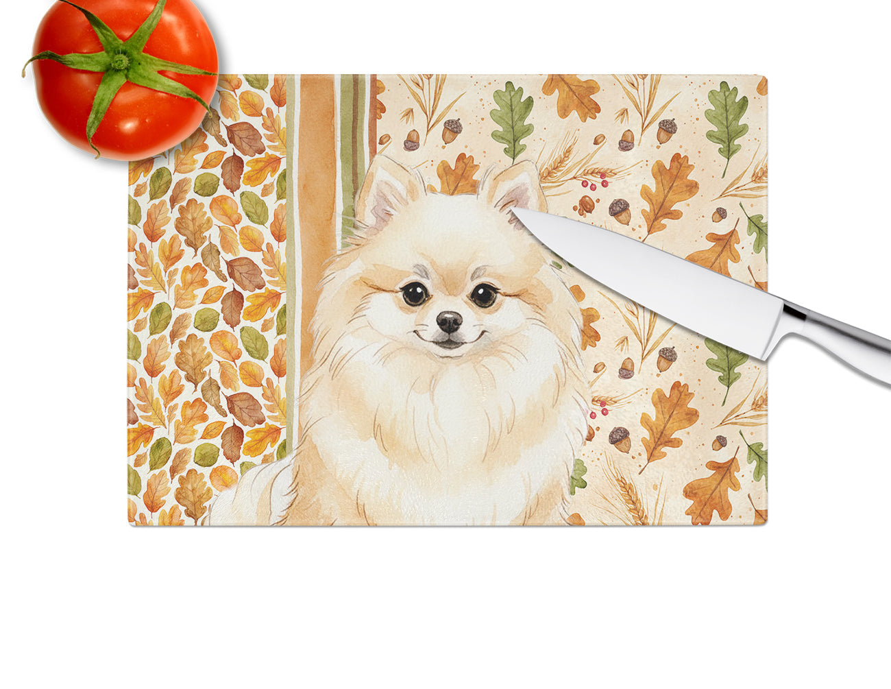 Cream Pomeranian Heirloom Fall Cutting Board Tempered Glass Kitchen Cutting Surface, Heat Resistant Chopping, Non-Slip Feet, Food Prep & Serving