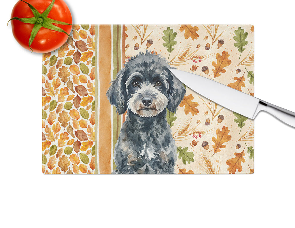 Miniature Black Poodle Heirloom Fall Cutting Board Tempered Glass Kitchen Cutting Surface, Heat Resistant Chopping, Non-Slip Feet, Food Prep & Serving