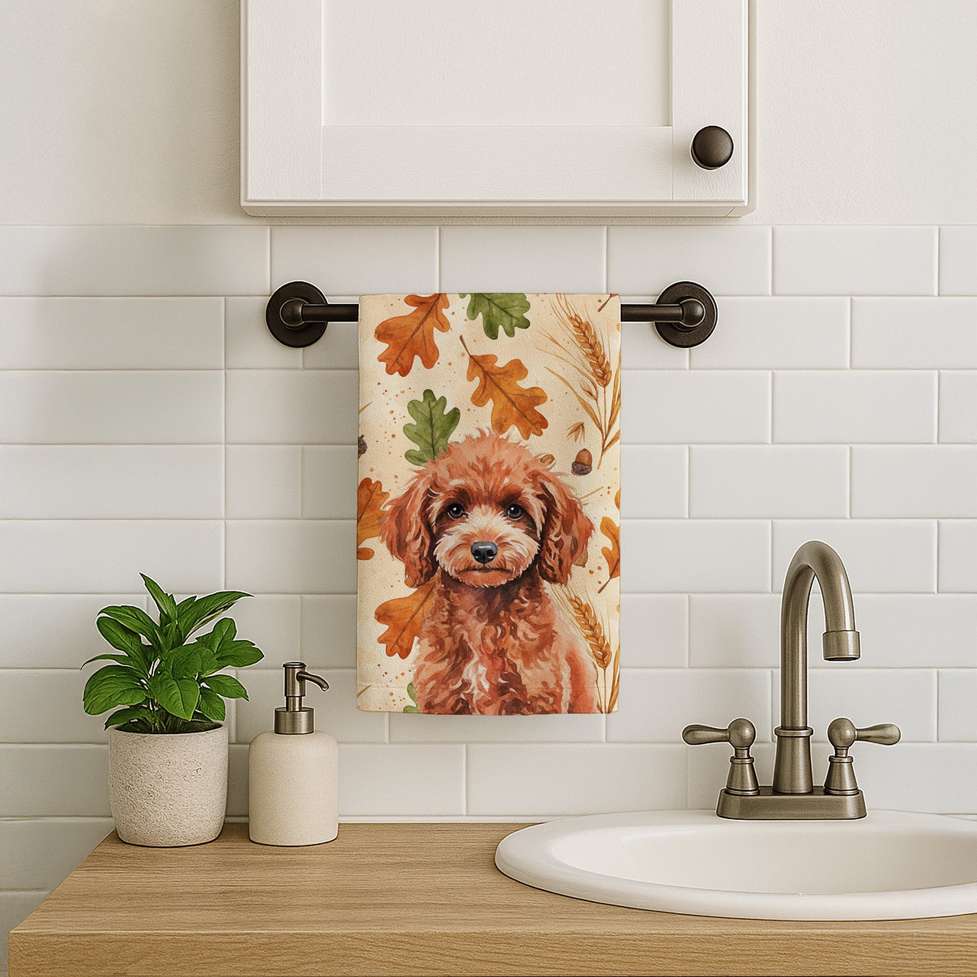 Miniature Red Poodle Heirloom Fall Kitchen Towel Velour Plush Front and Cotton Loop Back Machine Washable