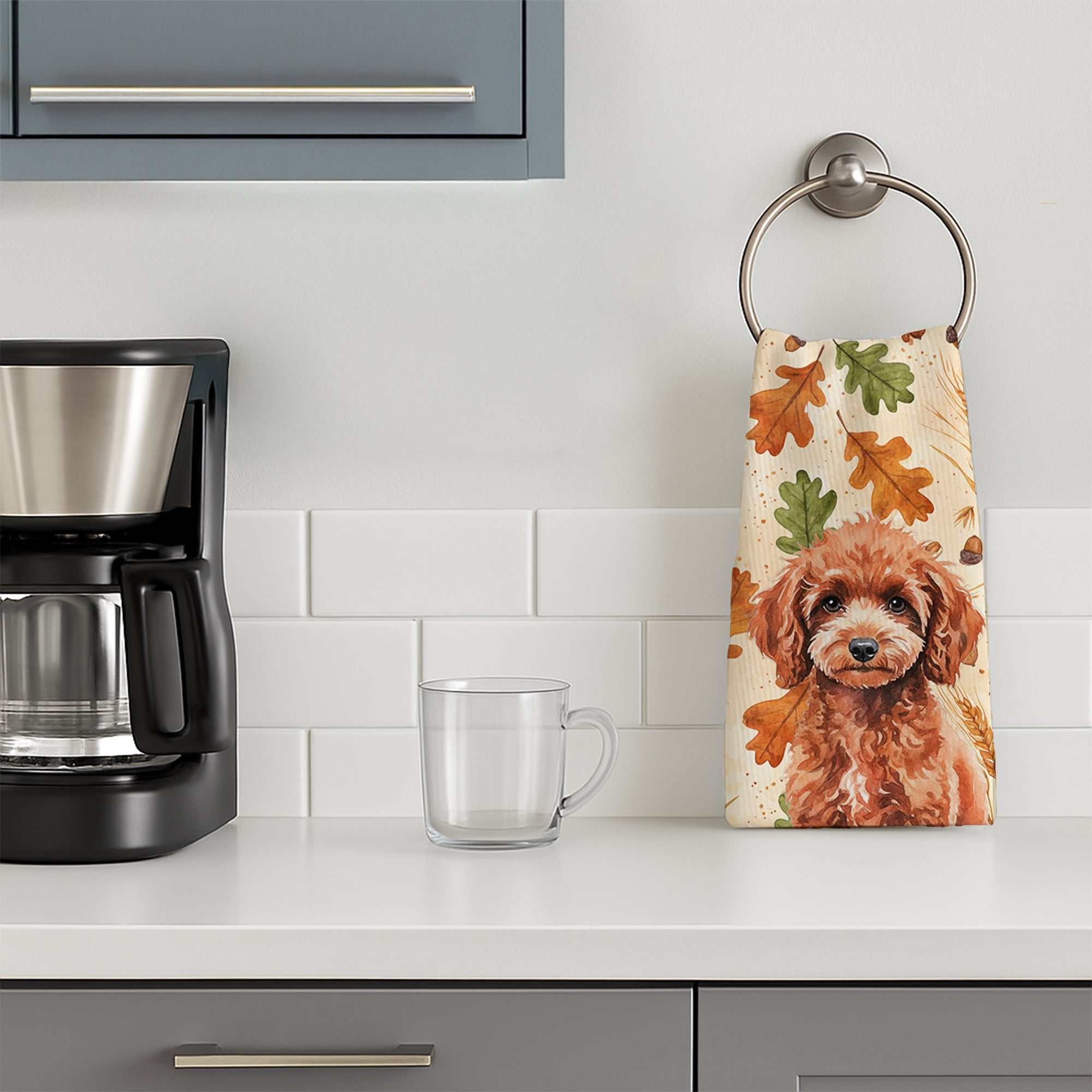 Miniature Red Poodle Heirloom Fall Kitchen Towel Velour Plush Front and Cotton Loop Back Machine Washable