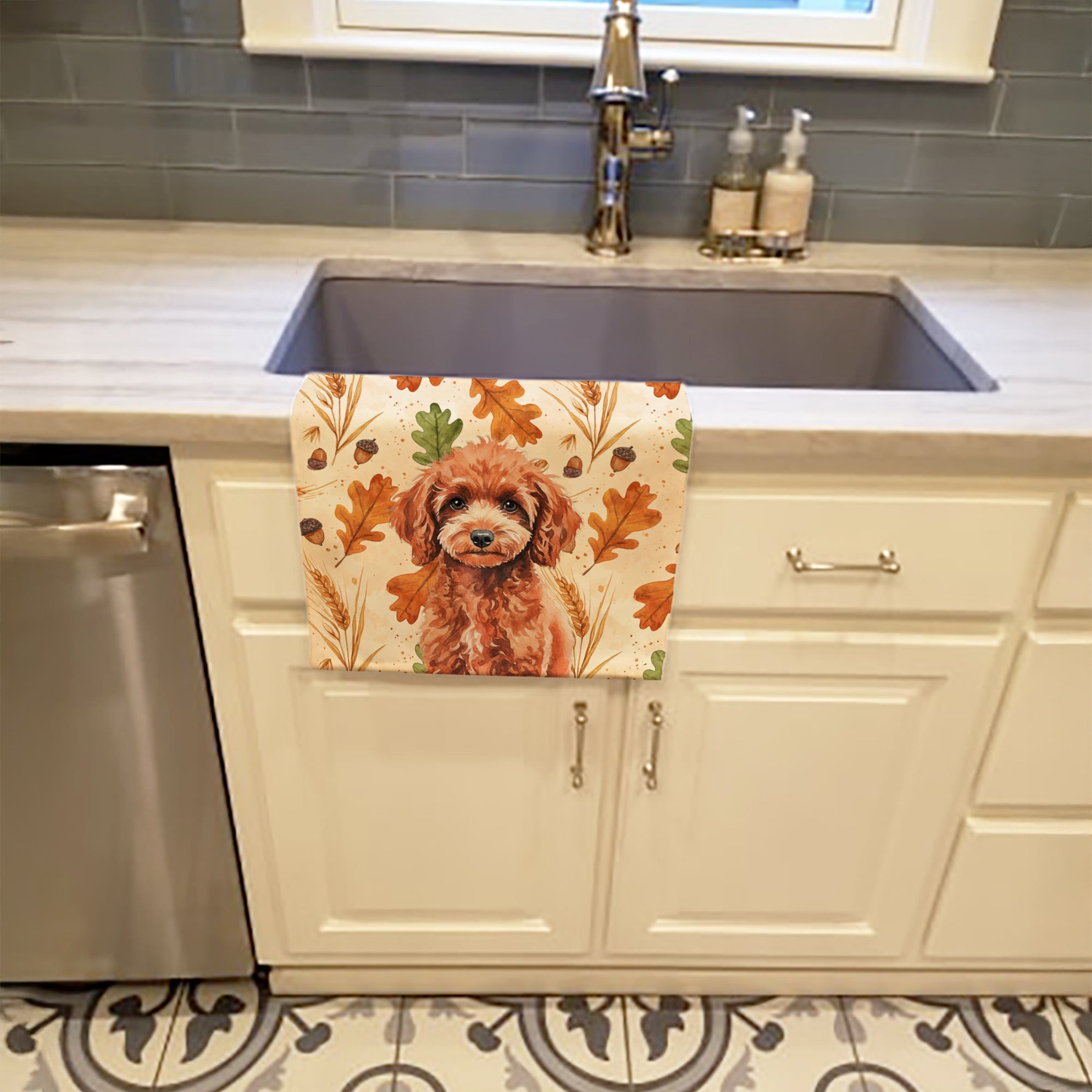 Miniature Red Poodle Heirloom Fall Kitchen Towel Velour Plush Front and Cotton Loop Back Machine Washable