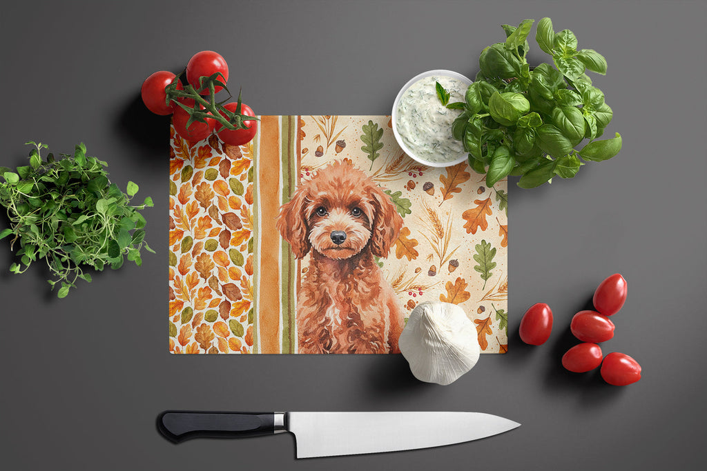 Miniature Red Poodle Heirloom Fall Cutting Board Tempered Glass Kitchen Cutting Surface, Heat Resistant Chopping, Non-Slip Feet, Food Prep & Serving