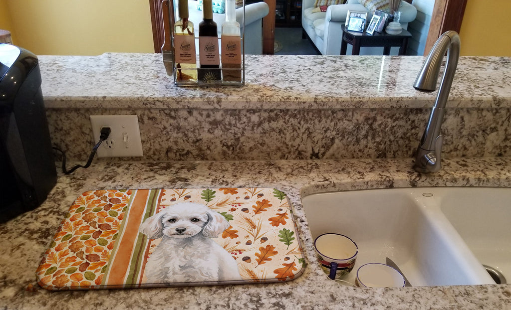 Miniature White Poodle Heirloom Fall Dish Drying Mat Absorbent Dish Drying Mat Pad for Kitchen Counter Dish Drainer Mat for Countertop, 14 x 21", Multicolor