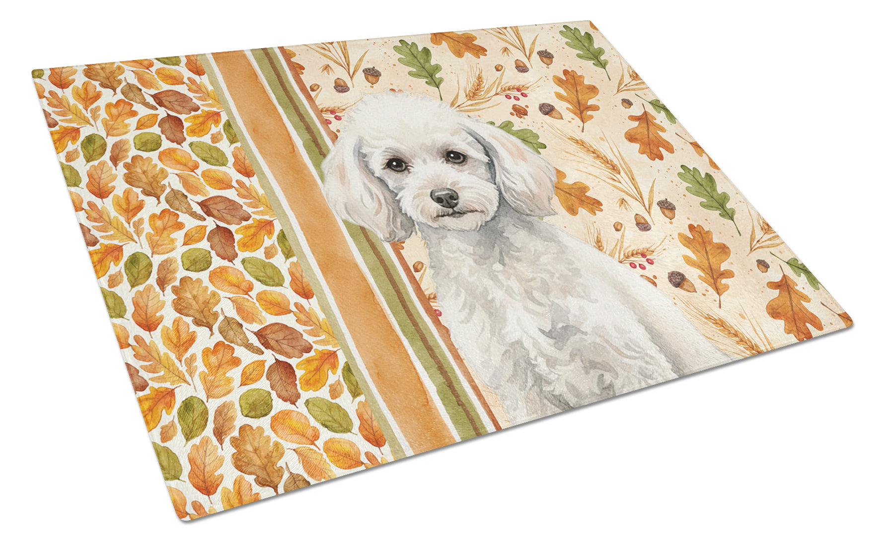 Miniature White Poodle Heirloom Fall Cutting Board Tempered Glass Kitchen Cutting Surface, Heat Resistant Chopping, Non-Slip Feet, Food Prep & Serving